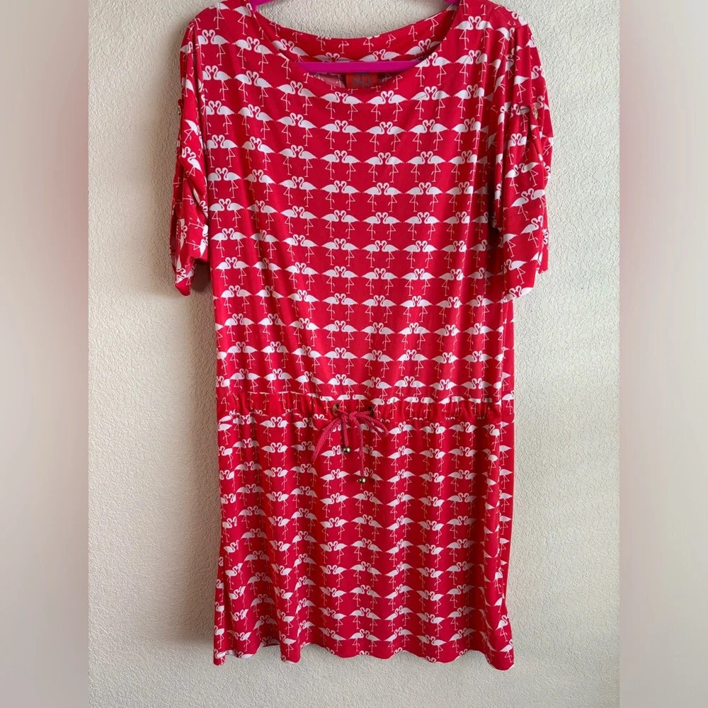 Tracy Negoshian Drawstring Waist Flamingo Dress